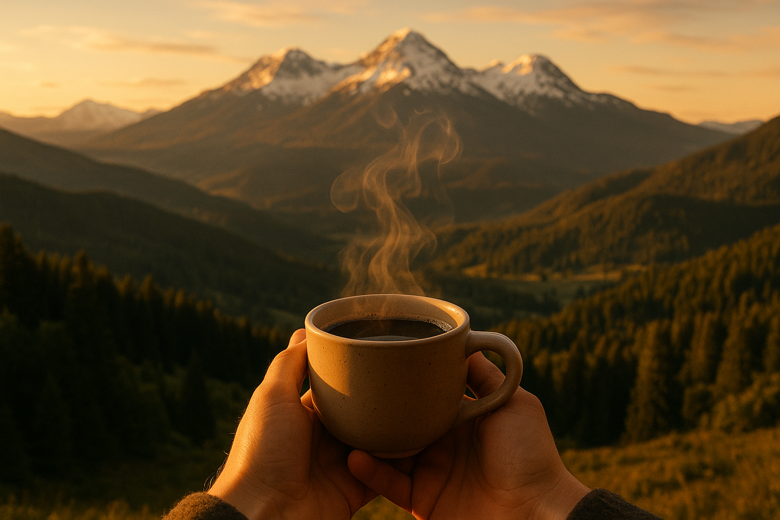 Eine tasse Kaffee Mit einer Berglandschaft im hintergrund und einer Person die die Tasse Hölt